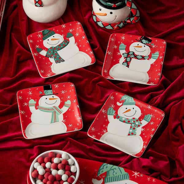 Certified International Christmas Whimsy Snowman Assorted Colors Ceramic 6 in. Canape Plates (Set of 4)