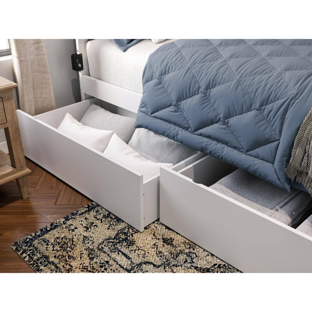 White Full Size Wood Platform Bed with Storage Drawers