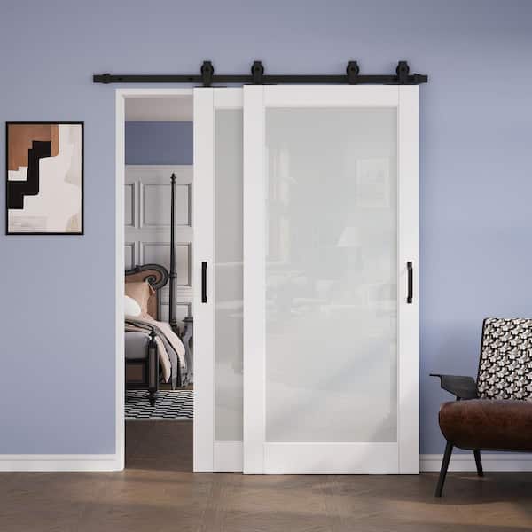 64 in. x 80 in. (Two 36 in.) Bypass Save Space 5 Lite Frosted Glass White Primed MDF Sliding Barn Door with Hardware Kit