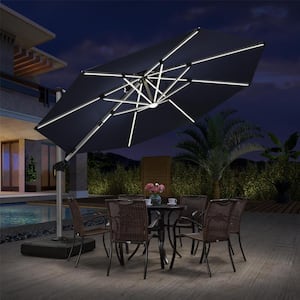 11 ft. Octagon Aluminum Solar Powered LED Patio Cantilever Offset Umbrella with Stand, Navy Blue