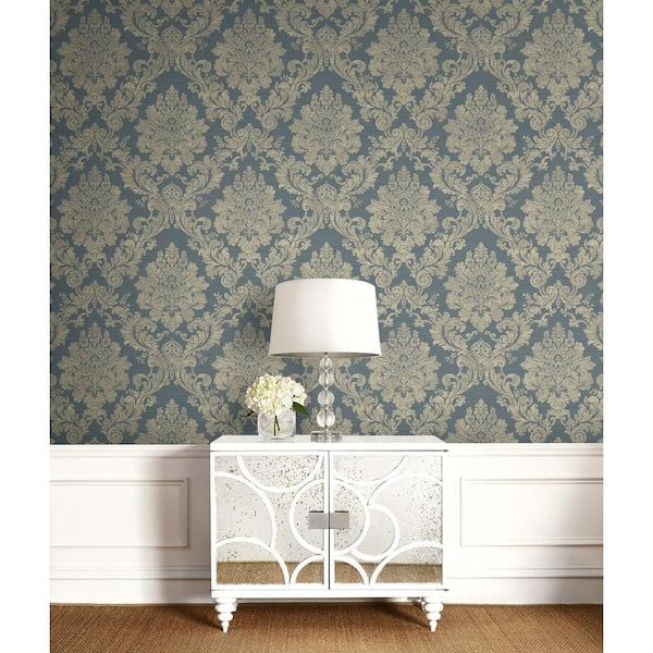 Prestigious Damask Blue and Gold Paper Non-Pasted Strippable Wallpaper Roll (Cover 56.05 sq. ft.)