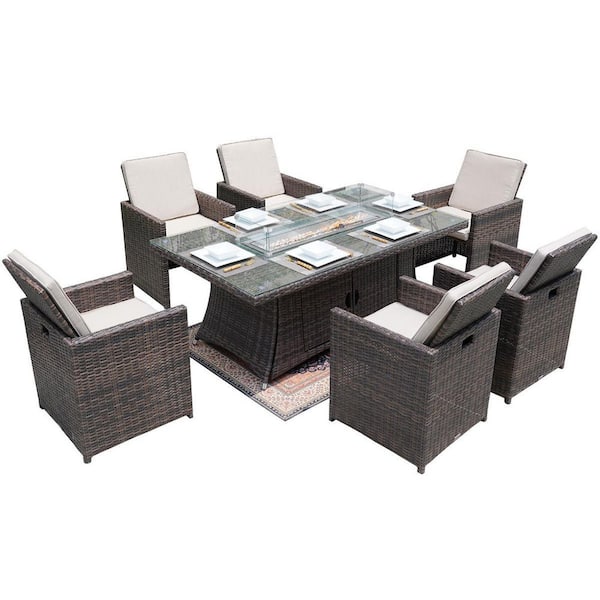 moda furnishings Avishai Brown 7-Piece Wicker Patio Fire Pit Dining Sofa Set with Beige Cushions