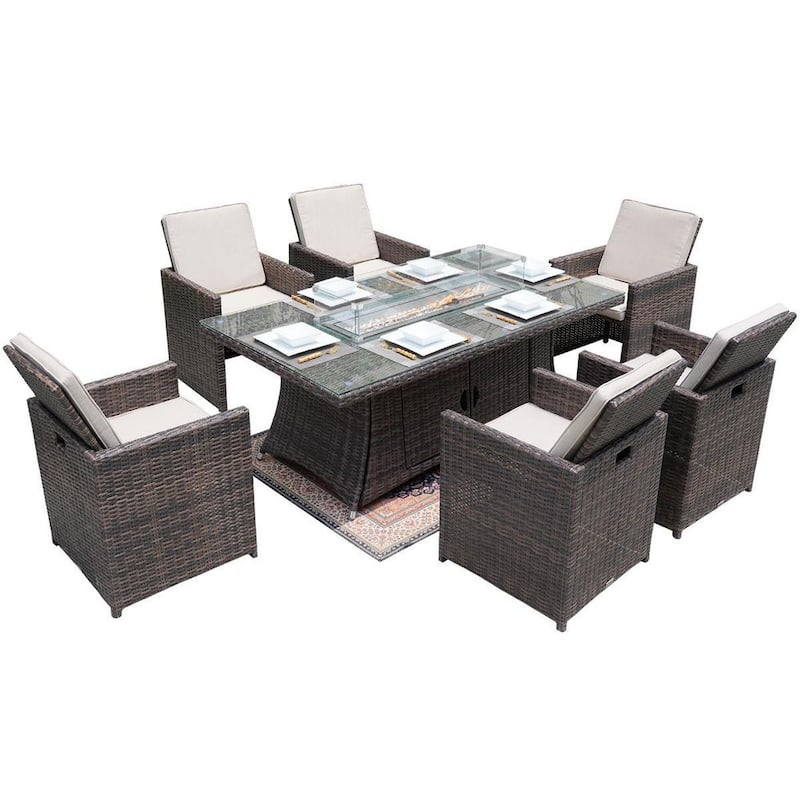 Avishai Brown 7-Piece Wicker Patio Fire Pit Dining Sofa Set with Beige Cushions