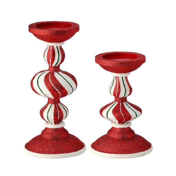 9-12 in. Resin Peppermint Stripe Candlestick Set of 2