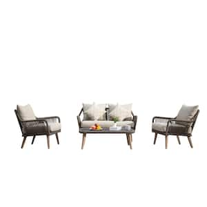 4-Piece Dark Brown Wicker Outdoor Sectional Set with Beige Cushions