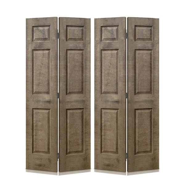 CALHOME 72 in. x 84 in. Hollow Core Vintage Brown Stain 6 Panel MDF Composite Bi-Fold Double Closet Door with Hardware Kit