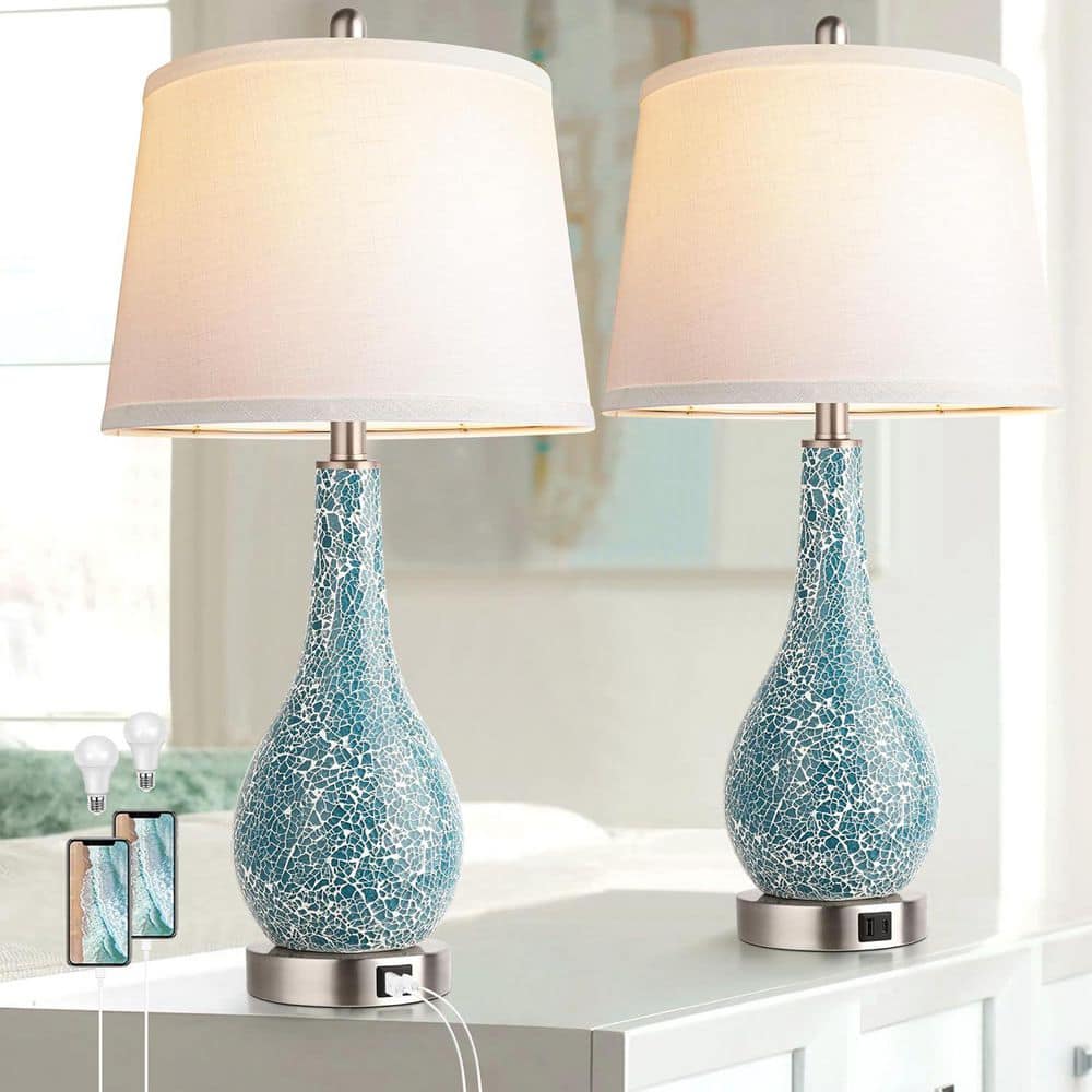 26 in. Blue Table Lamps for Bedroom Set of 2, Modern Bedside Lamp with USB 