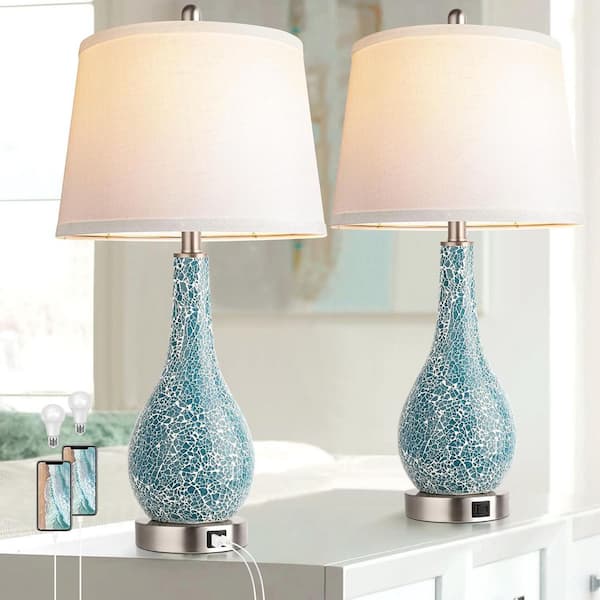 ARISKEEN 26 in. Blue Table Lamps for Bedroom Set of 2, Modern Bedside Lamp with USB A+C Ports, for Home Decor, LED Bulb Included