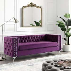 Olivia 34.5 in. Purple Velvet 3-Seater Tuxedo Sofa with Nailheads