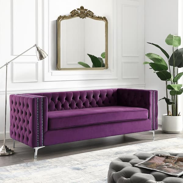 Inspired Home Olivia 34.5 in. Purple Velvet 3-Seater Tuxedo Sofa with Nailheads