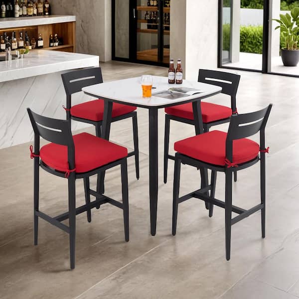 Barvallo 5-Piece Aluminum Rounded-Square 41.7 in. Outdoor Bistro Set with Sunbrella Red Cushion and Umbrella Hole