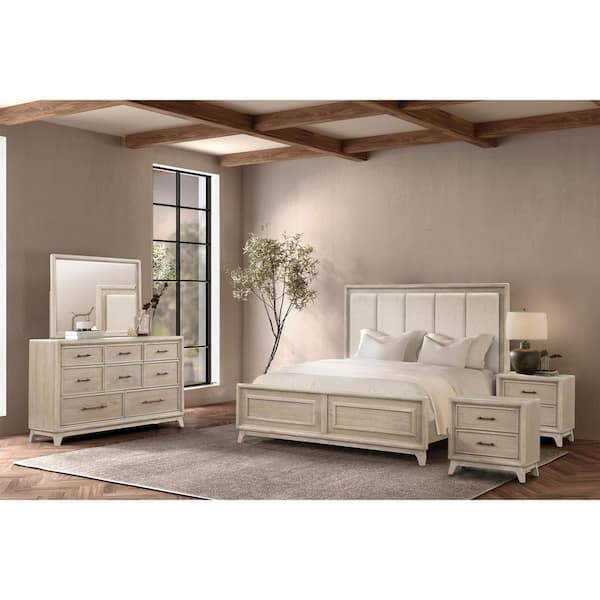Furniture of America Liston 5-Piece Oak Wood Frame King Panel Bedroom Set with Channel Padded Headboard, Metal Handle, Angled Bracketed Feet