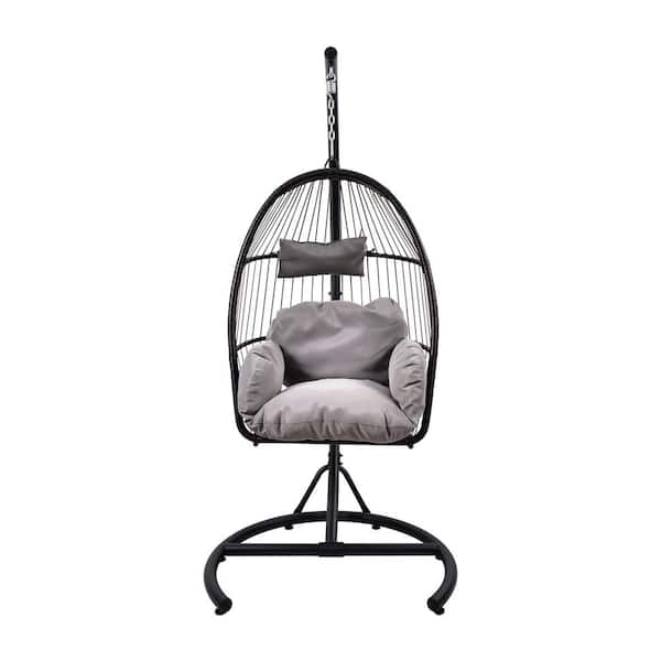 waelph 1-Person Outdoor Indoor Gray Wicker Patio Swing Hammock Egg Chair with C Type Bracket and Gray Cushion, Pillow