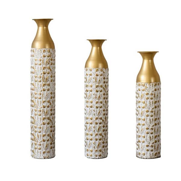 Avex 24/29/33 in. H Gold White Metal Cylinder Decorative Vase Set (3-Pieces)