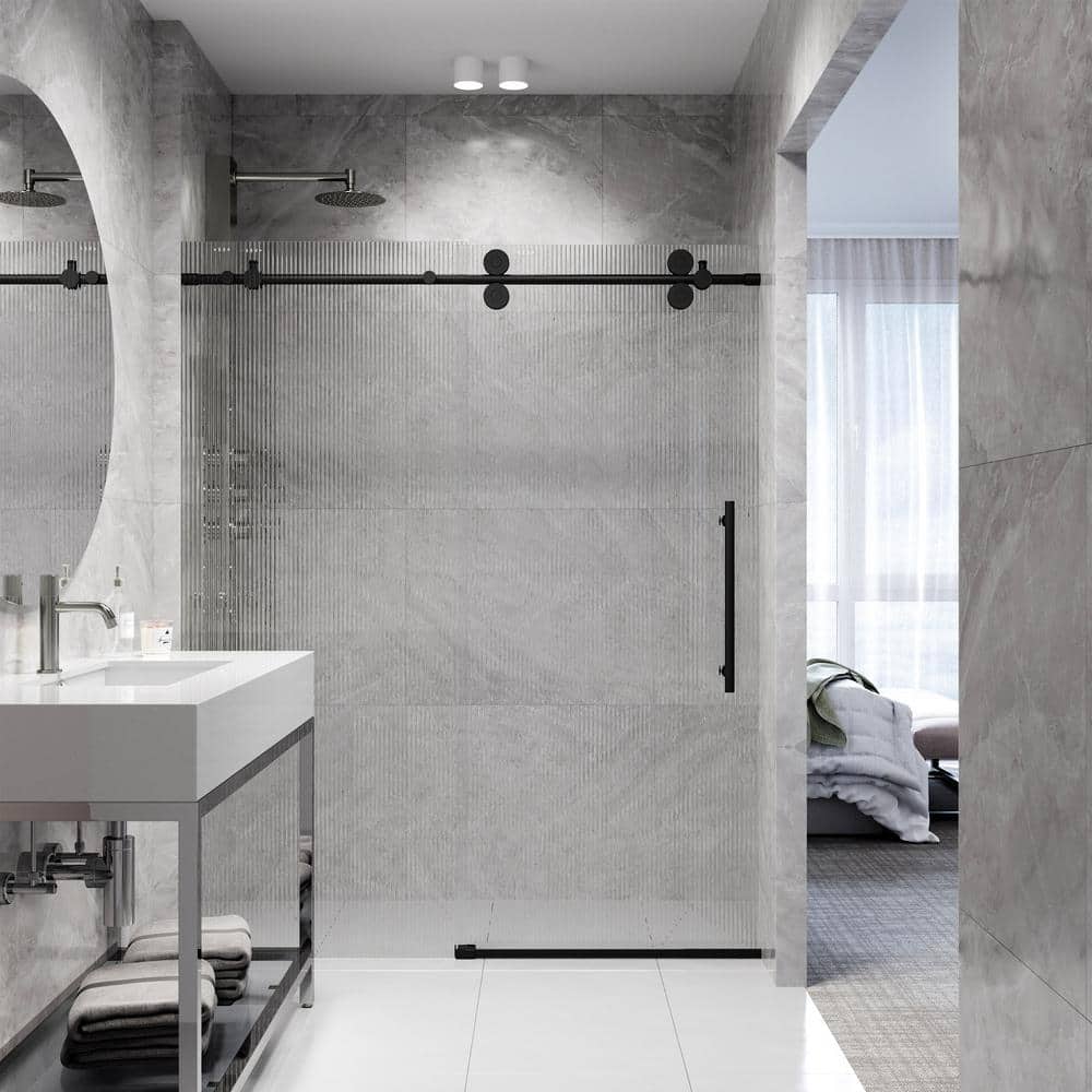 Elan Matte Black Frameless Sliding Shower Door with Fluted Glass