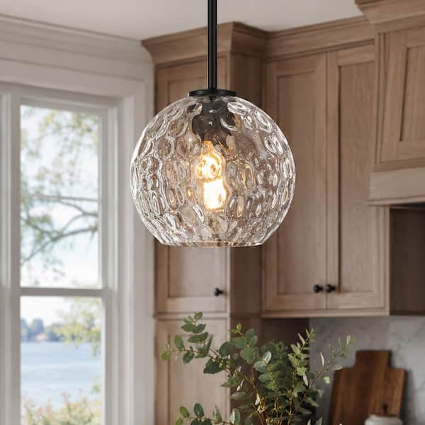 RayHome 1-Light Modern Black Adjustable Pendant Light with Globe Clear Hammered Glass Shade for Kitchen Island Bedroom