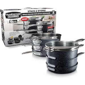 StackMaster 10-Piece Aluminum Non-Stick Diamond Infused Cookware Set with Glass Lids