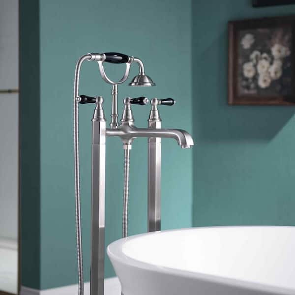 3-Handle Freestanding Floor Mount Claw Foot Tub Faucet with Hand Shower in Chrome Finish
