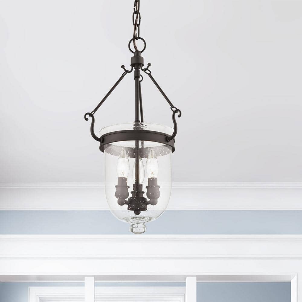 Bronze Seeded Glass 3-Light Indoor/Outdoor Bell Jar Lantern