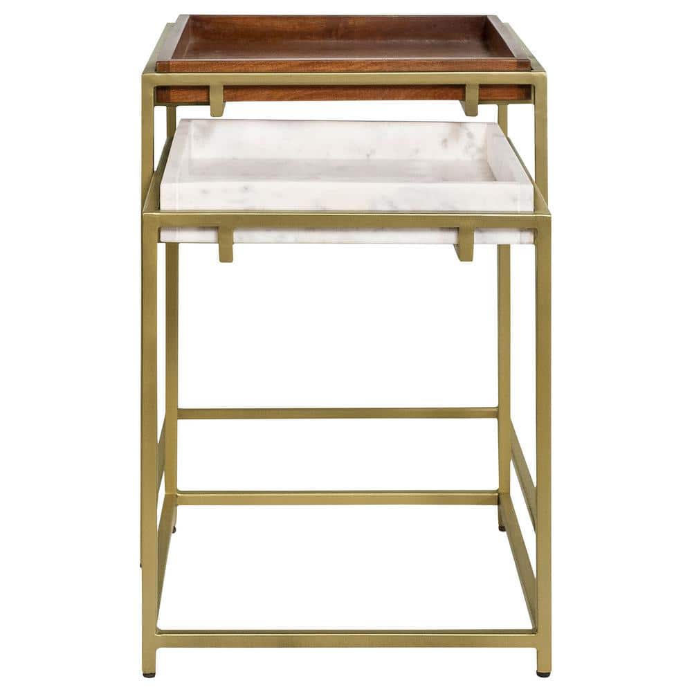 Gold and Brown Mango Wood Square Nesting Tables with Metal Frame