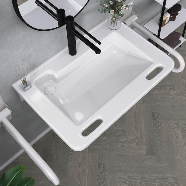 31.5 in Wall-Mounted Rectangular Bathroom Sink in Glossy White ADA Compliant Barrier-Free Lavatory Vessel Ceramic Sink
