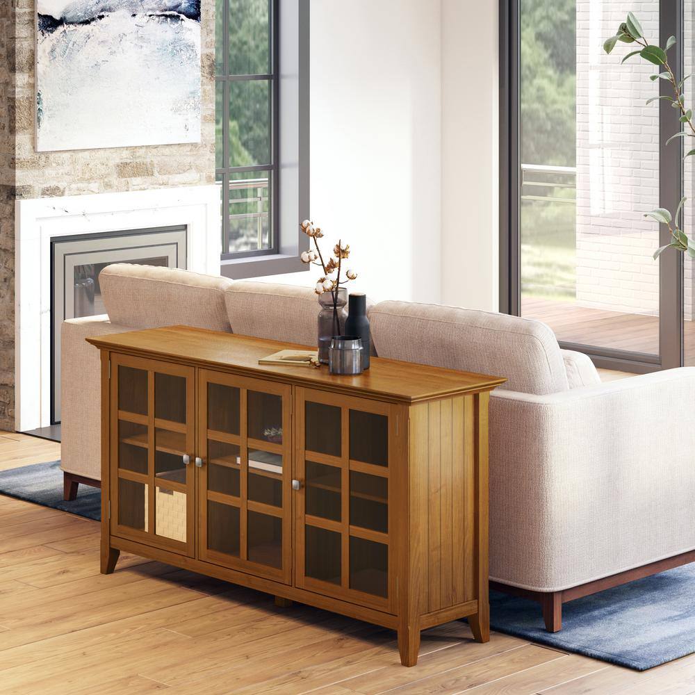 Light Golden Brown Pine and Plywood Storage Cabinet with Glass Doors