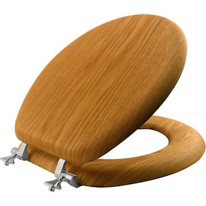 Round Wood Closed Front Toilet Seat in Natural Oak with Chrome Hinge