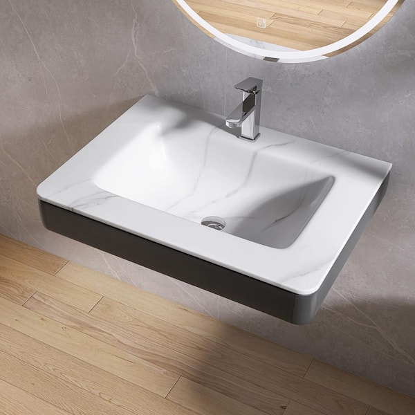 30 in. W x 22 in. D x 6 in. H Engineered Stone Limestone Plate Bathroom Wall-Mount Sink in White with Faucet Hole
