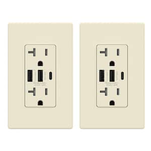 30-Watt 20 Amp 3-Port Type C and Dual Type A USB Duplex USB Wall Outlet, Wall Plate Included, Light Almond (2-Pack)