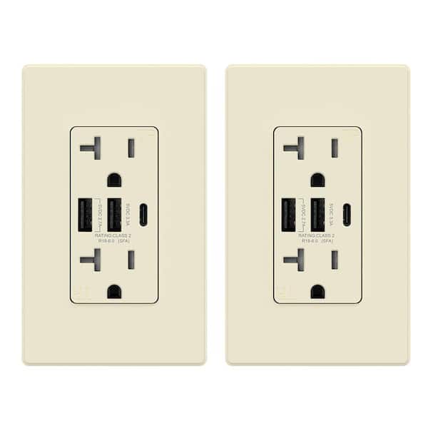 ELEGRP 30-Watt 20 Amp 3-Port Type C and Dual Type A USB Duplex USB Wall Outlet, Wall Plate Included, Light Almond (2-Pack)