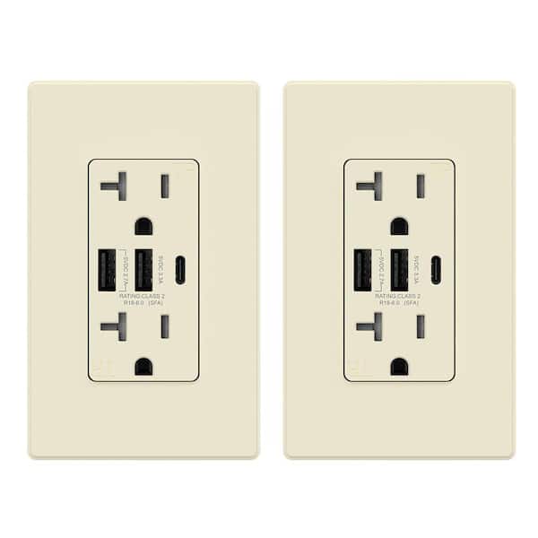 30-Watt 20 Amp 3-Port Type C and Dual Type A USB Duplex USB Wall Outlet, Wall Plate Included, Light Almond (2-Pack)