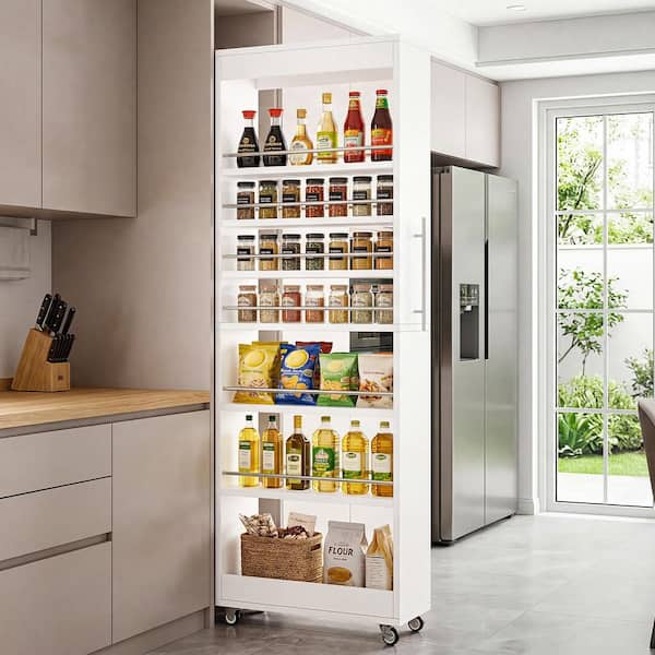 White Wood 7-Tier Slim Kitchen Cart on Wheels,73 in. Tall Narrow Pantry Cabinet Spice Rack w/ Metal Hand & Guard Rails