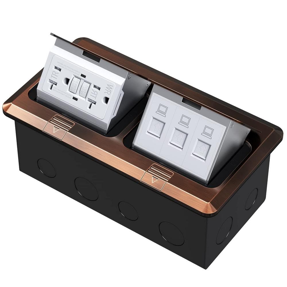 20 Amp 3-Port RJ45 Stainless Steel Dual Pop-Up Floor Electrical Outlet Box 