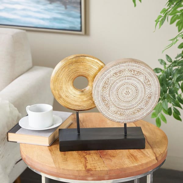 Litton Lane Gold Resin Handmade Geometric Sculpture with Black Rectangular Base