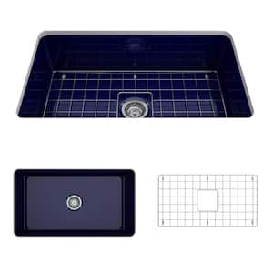 Sotto Undermount Fireclay 32 in. Single Bowl Kitchen Sink with Bottom Grid and Strainer in Sapphire Blue
