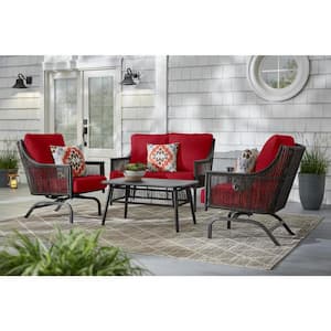 Bayhurst 4-Piece Black Wicker Outdoor Patio Conversation Seating Set with CushionGuard Chili Red Cushions