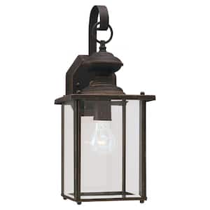 Jamestown 1-Light Antique Bronze Outdoor 17 in. H Traditional Wall Lantern Sconce with Clear Beveled Glass Panels