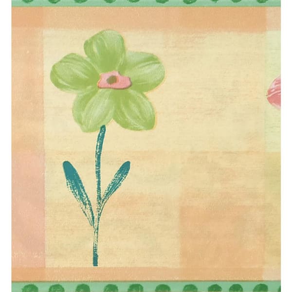 Dundee Deco Falkirk McGhee Peel and Stick Kids Olive Green, Rouge Pink Flowers, Squares Self Adhesive Wallpaper Border