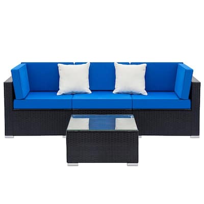 Outdoor Black 4-Piece Wicker Patio Conversation Seating Set with Blue Cushions