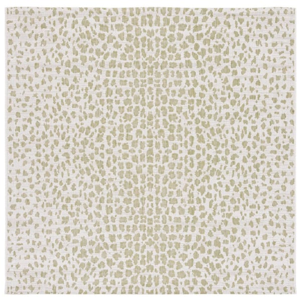 Courtyard Ivory/Sage Green 7 ft. x 7 ft. Cheetah Geometric Indoor/Outdoor Square Area Rug