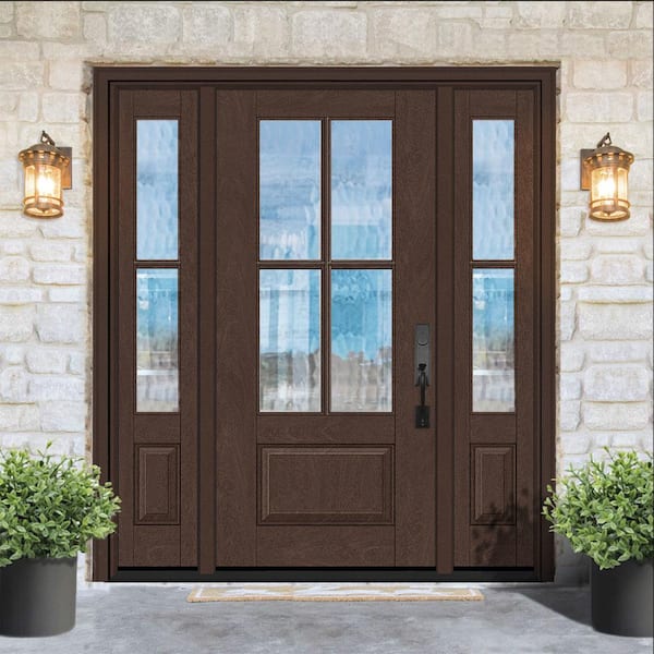 Regency 68 in. x 80 in. 3/4Lite 4SDL Oasis Deco Glass LHIS Prefinish Chestnut Fiberglass Prehung Front Door w/2_ 14inSL