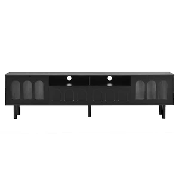 Unbranded 70.8 in. W x 11.8 in. D x 18.9 in. H Black Linen Cabinet with TV Stand, LED Light Strip, Glass Doors for TV up to 80 in.