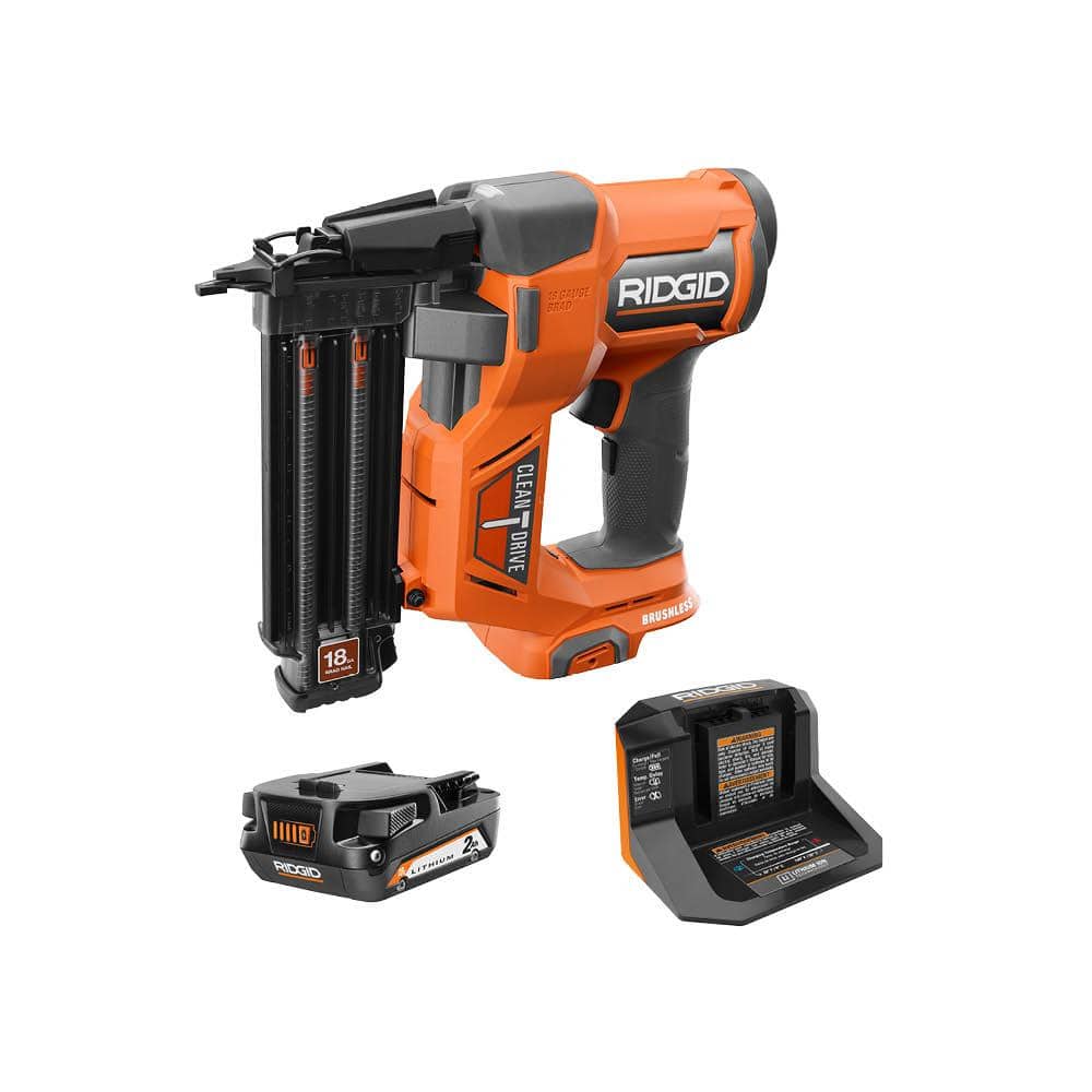 RIDGID 18V Brushless Cordless 18-Gauge 2-1/8 in. Brad Nailer Kit with 18V Lithium-Ion 2.0 Ah Battery and 18V Charger -  R09891-R9302