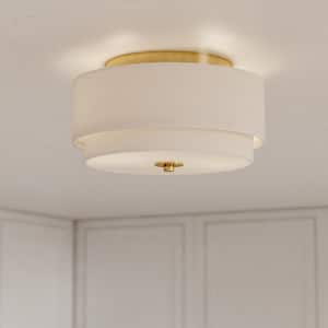 Burnaby 13 in. W Matte Brass Mid-Century Modern Flush Mount Ceiling Light Fixture White Fabric Drum Shade