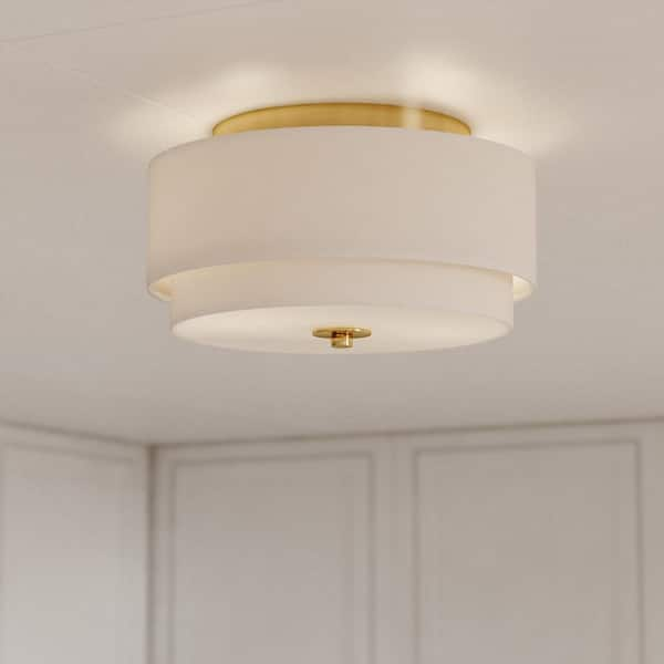 Burnaby 13 in. W Matte Brass Mid-Century Modern Flush Mount Ceiling Light Fixture White Fabric Drum Shade