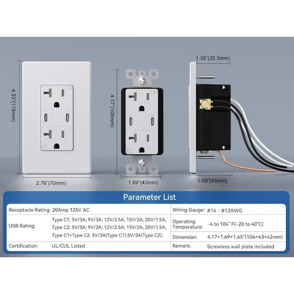 30-Watt Dual Type C USB Duplex Wall Outlet for PD and QC, 20 Amp Receptacle, w/Wall Plate (2-Pack, White)
