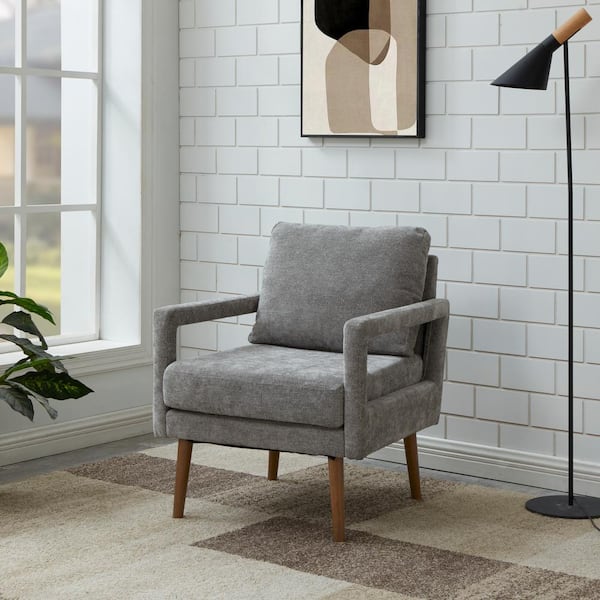 Noble House Lilas Modern Chenille Fabric Accent Armchair, Wood Legs, Grey
