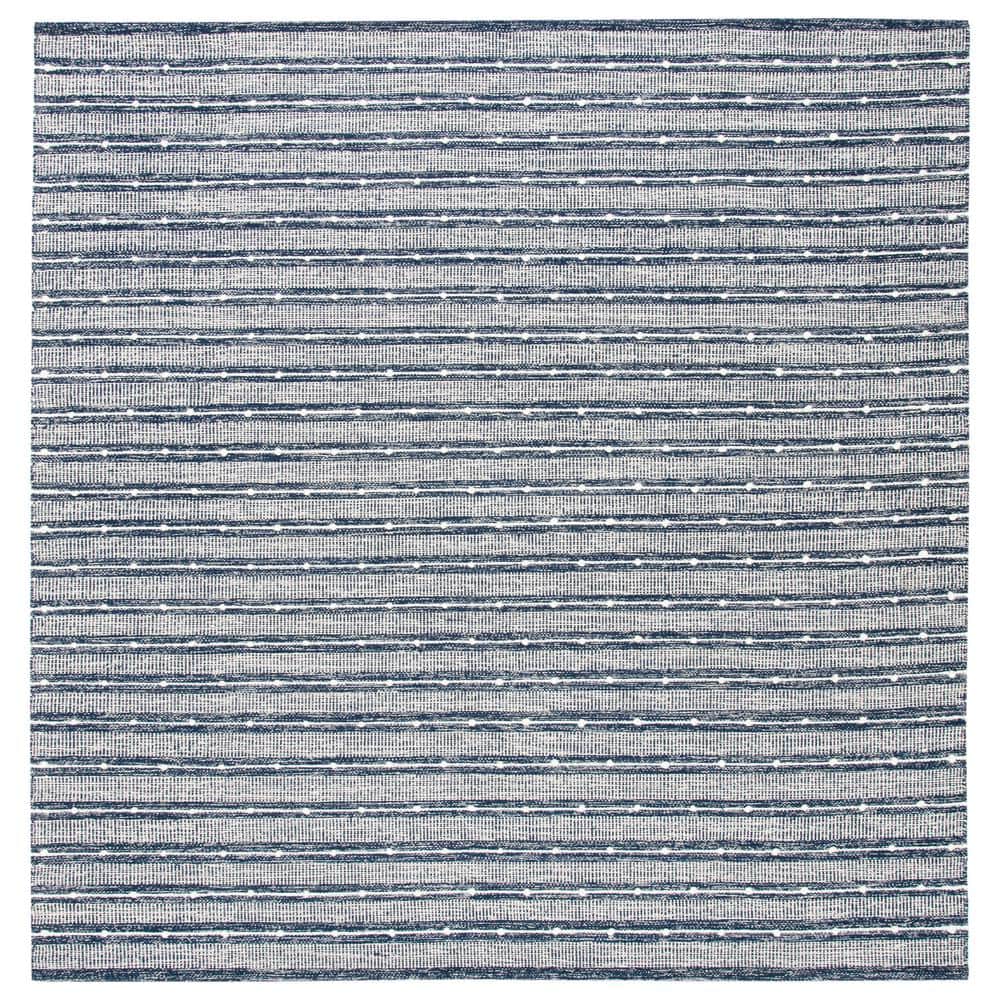 Navy Blue and White Wool Cotton Square Striped Area Rug
