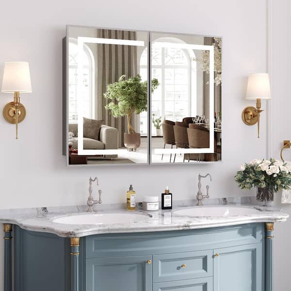 36 in. W x 30 in. H Bright Rectangular Silver Wall Mount LED Lighted Medicine Cabinet with Mirror