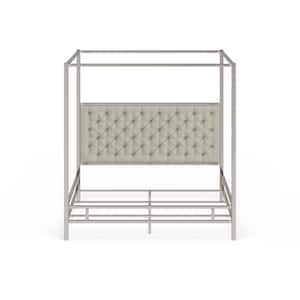Off White Metal Canopy Bed with Upholstered Headboard